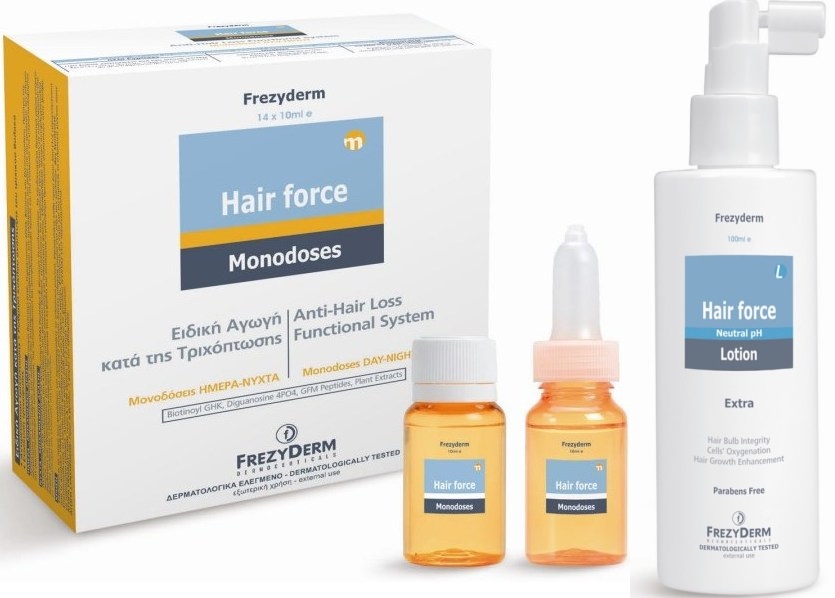 Για πιο αυξημένες ανάγκες, η FREZYDERM προτείνει συμπληρωματικά την ειδική αγωγή κατά της τριχόπτωσης, για άνδρες και γυναίκες, Hair Force Monodoses.