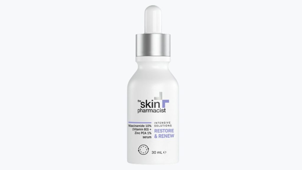 Συσκευασία του προϊόντος RESTORE & RENEW Niacinamide Serum της The Skin Pharmacist.